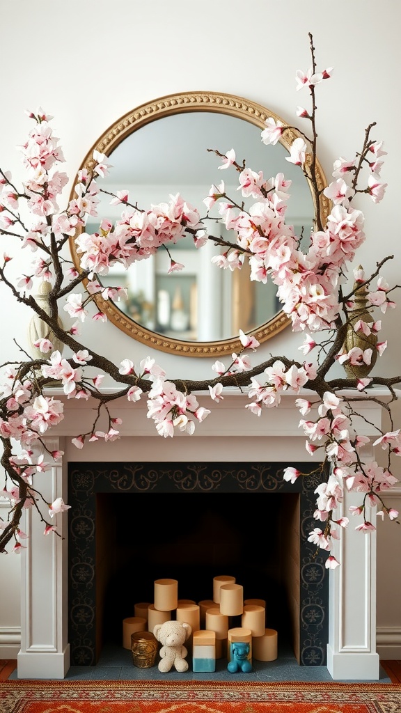 A mantle decorated with cherry blossoms and a decorative mirror above it.