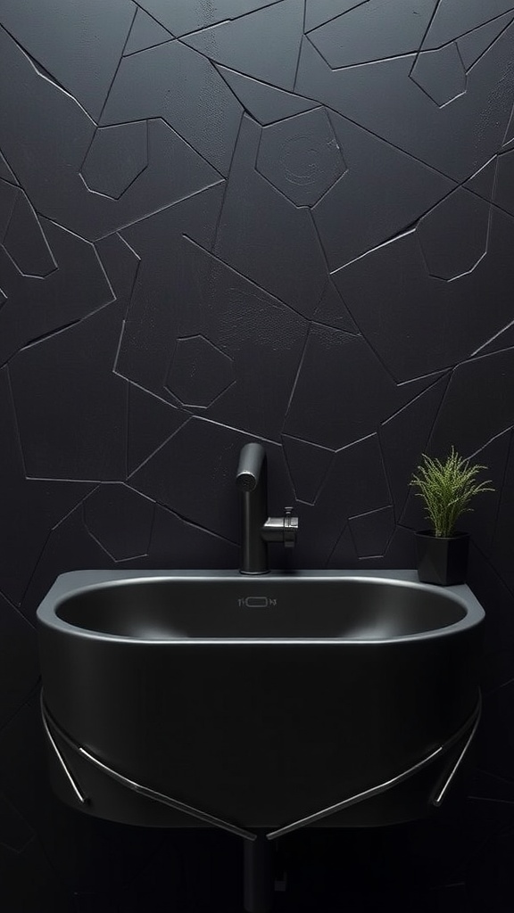 A modern black sink mounted on a dark textured wall with a small potted plant beside it.