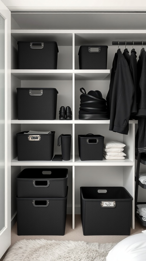 Stylish black storage bins in a modern closet