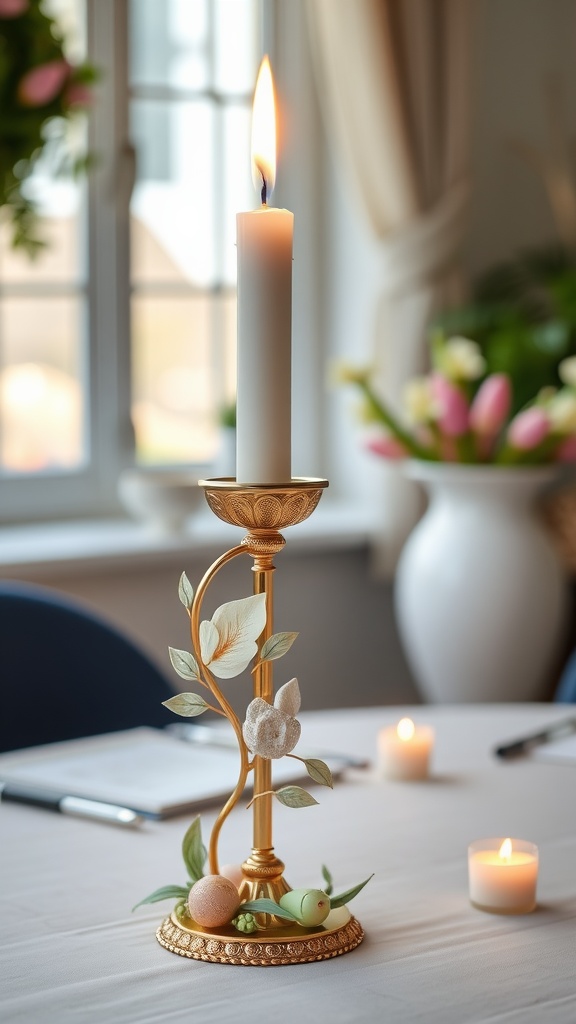 Chic candle holder with a white candle, gold base, and Easter motifs, placed on a table with soft lighting