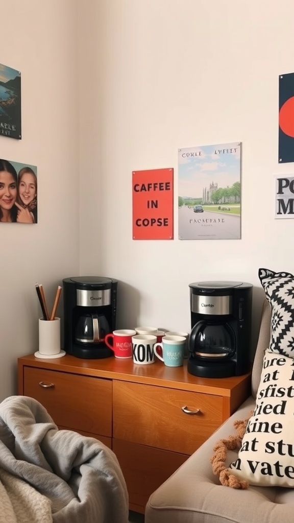 A cozy coffee station in a dorm room featuring two coffee makers, colorful mugs, and wall art.