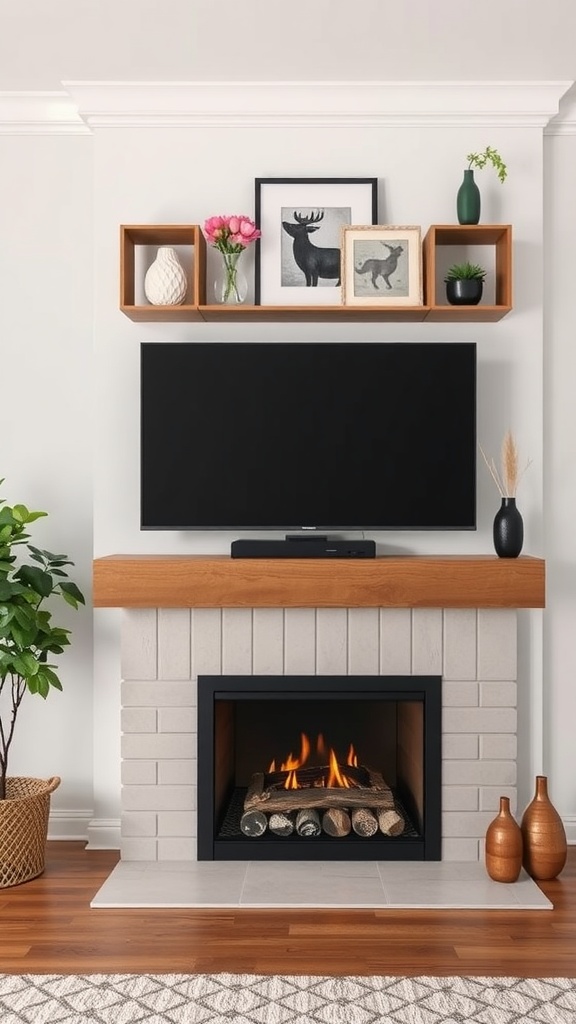 A chic living room featuring a geometric shelf above a TV, decorated with vases and framed art, alongside a modern fireplace.