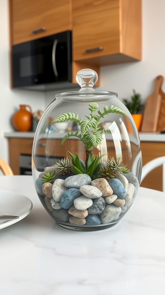 A chic glass terrarium filled with green plants and colorful pebbles on a kitchen table.