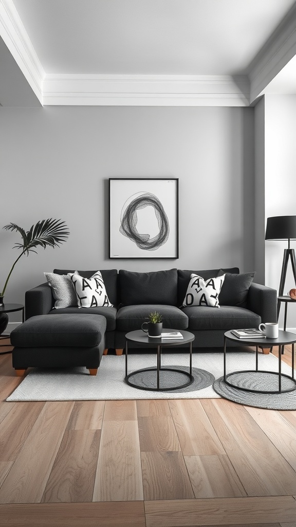 Modern living room featuring a dark gray couch with patterned cushions, gray walls, and round coffee tables