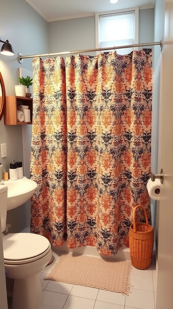 A small bathroom featuring a patterned shower curtain, a toilet, wooden shelving, and a cozy rug