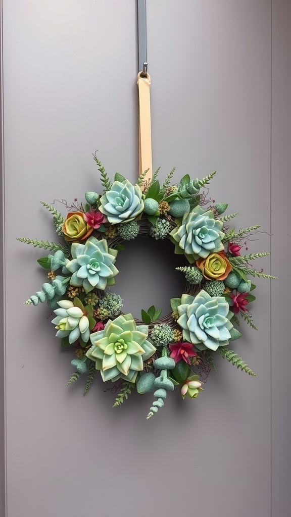 A chic succulent wreath with various colored succulents and flowers, hanging on a wall.