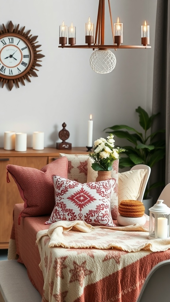 Cozy dinner table setting with warm colored fabrics and decorative pillows.