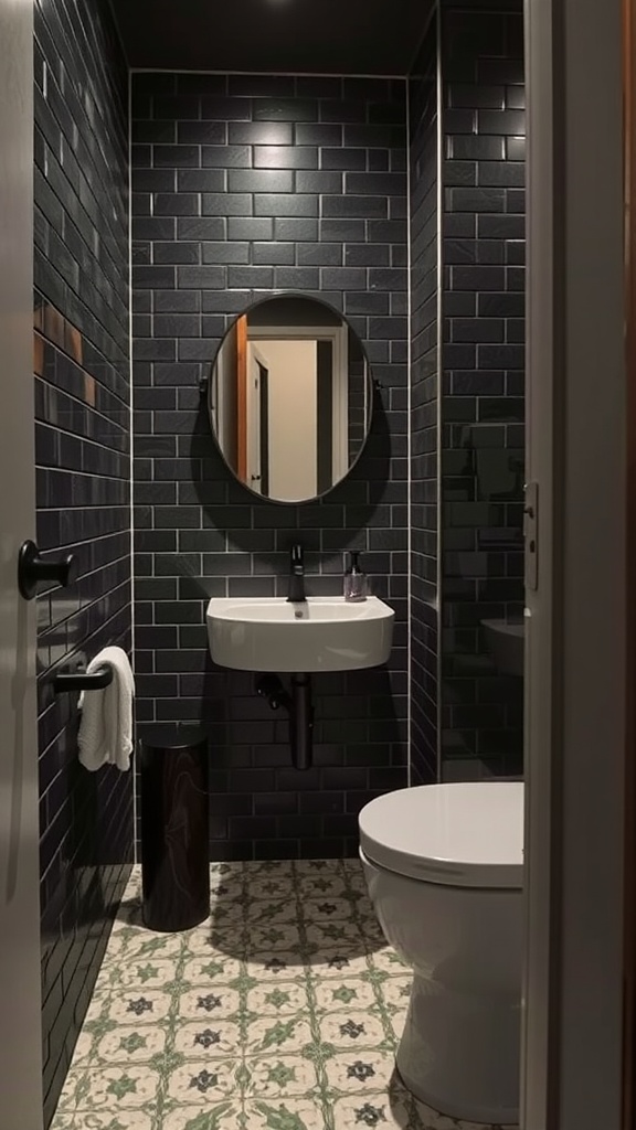 A small dark bathroom featuring black subway tiles and patterned floor tiles.