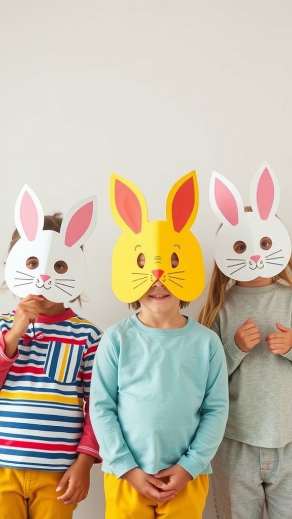 Children wearing colorful chick and bunny masks