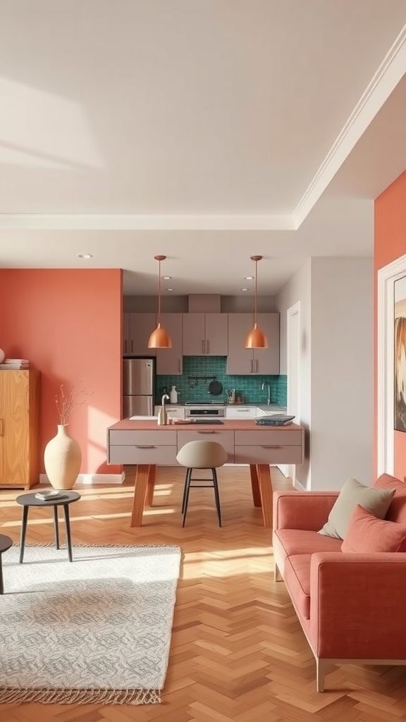 A modern living room and kitchen with coral walls, teal backsplash, and wooden flooring.