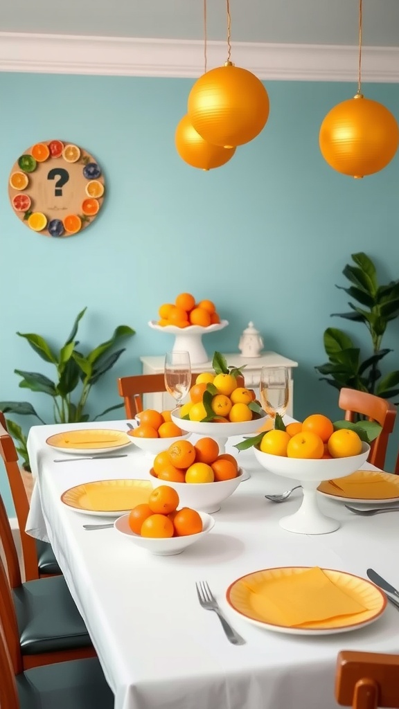 A bright and cheerful spring dinner table decorated with citrus fruits in elegant bowls, featuring hanging yellow ornaments.