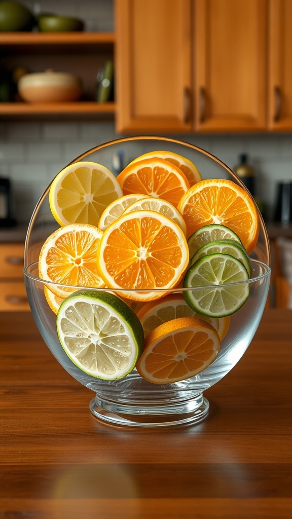 A clear glass bowl filled with vibrant slices of oranges, lemons, and limes on a wooden kitchen table.