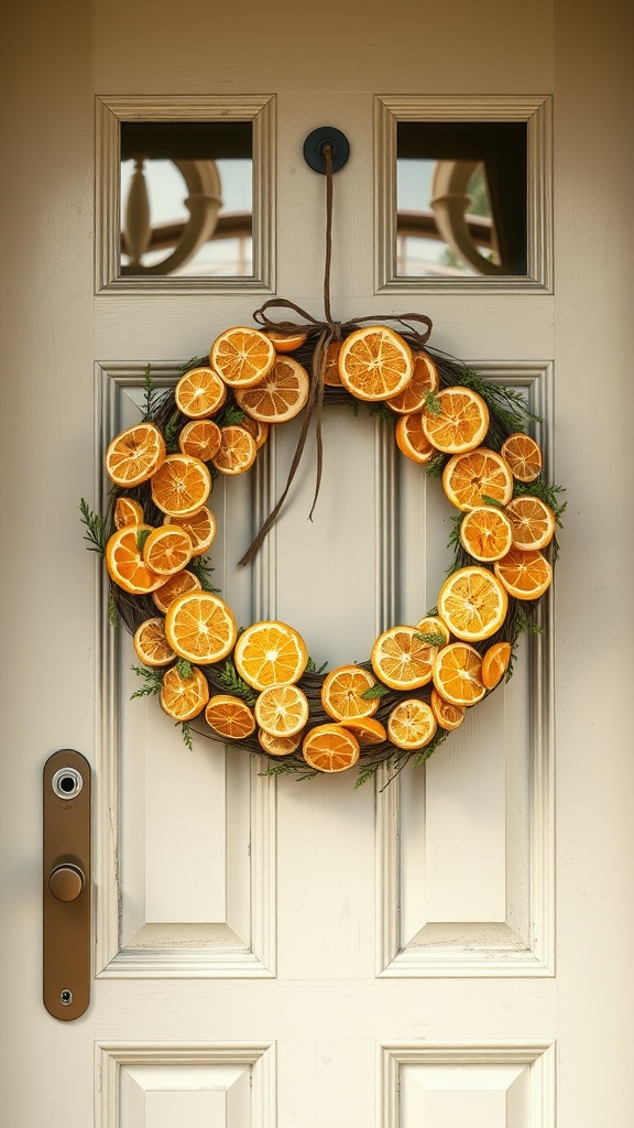 A wreath made of dried orange slices and greenery hanging on a front door.