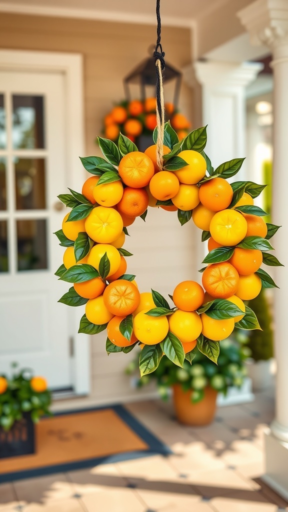 A vibrant wreath made of oranges and tangerines with green leaves hanging on a porch.