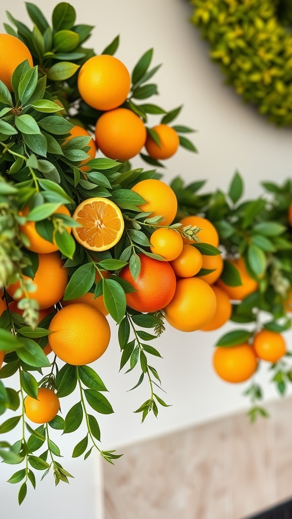 A vibrant citrus garland featuring oranges and green leaves