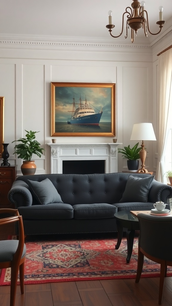 A cozy traditional living room featuring a dark gray couch, wooden furniture, a chandelier, and a large painting.