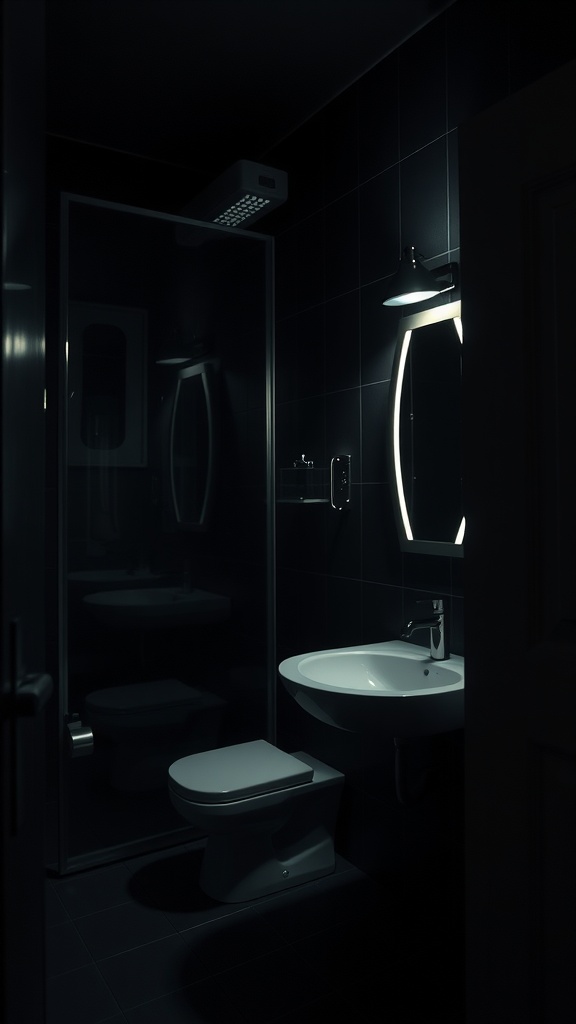 A small, dark bathroom featuring an oval mirror and modern fixtures.