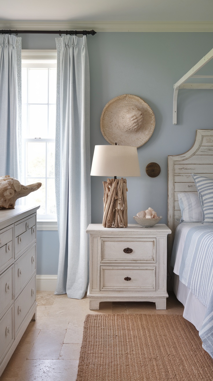 A coastal inspired bedroom featuring light blue walls, airy curtains, a driftwood lamp, and striped bedding.