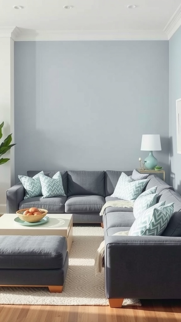 A cozy living room featuring a dark gray couch, light blue walls, patterned cushions, and a simple coffee table.