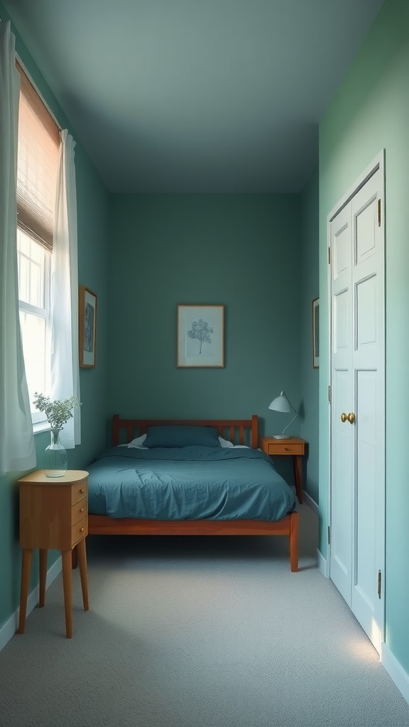 A small bedroom featuring a teal color palette, a wooden bed, and light curtains.