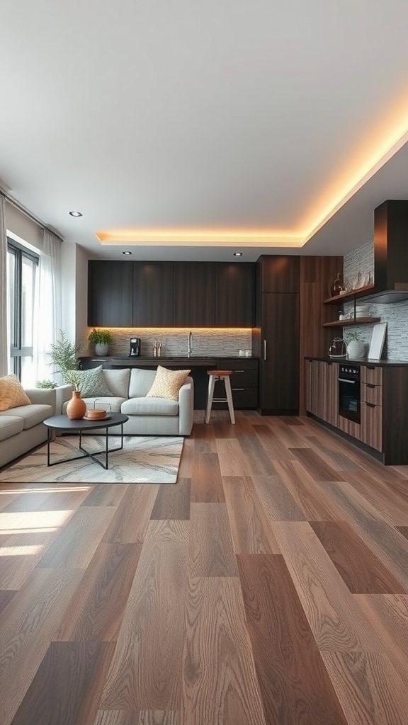 A spacious living room and kitchen with cohesive wood flooring, blending modern design elements.