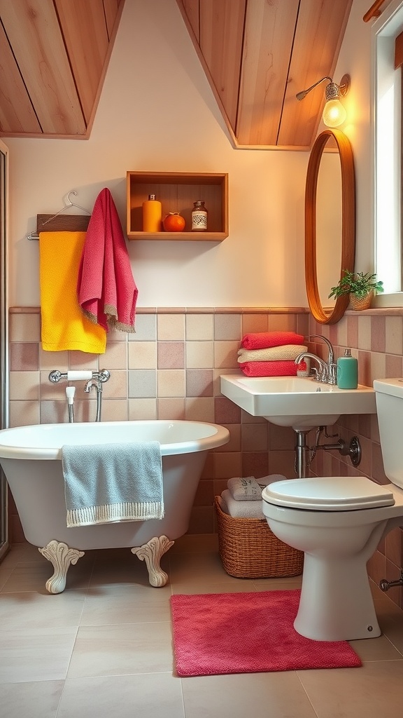 A colorful bathroom featuring a clawfoot tub, towels in pink and yellow, and a wooden shelf with decor.