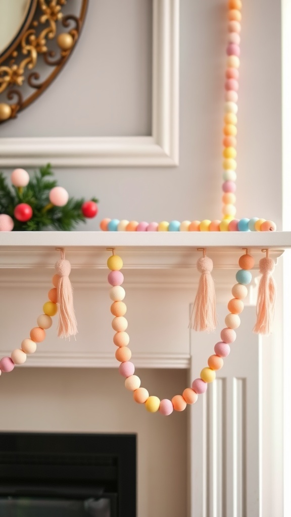 Colorful beaded garland on a mantel with tassels and a mirror in the background