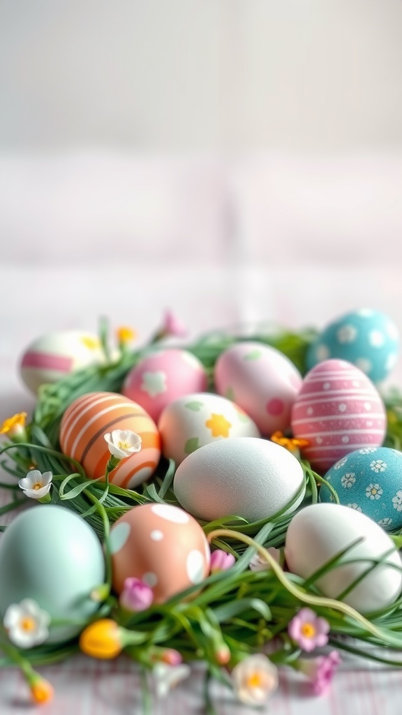 A vibrant display of colorful Easter eggs surrounded by flowers and green grass.