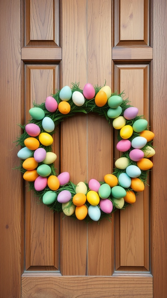 A colorful Easter wreath made of pastel eggs on a wooden door