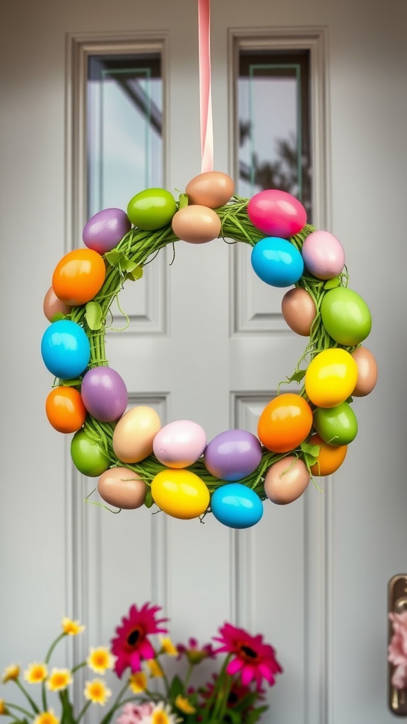 A colorful Easter egg wreath hanging on a door, decorated with plastic eggs in various bright colors.