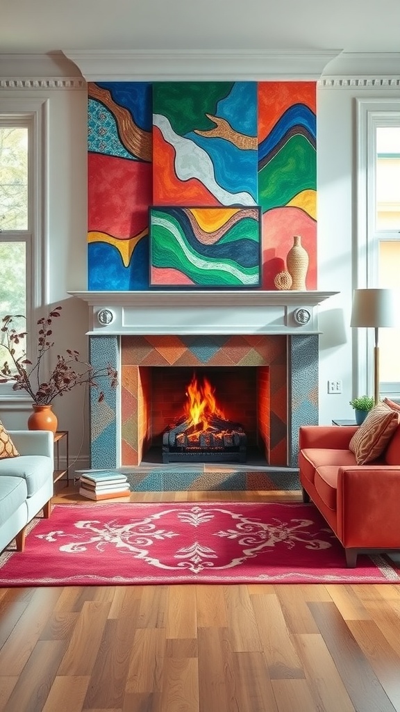 A colorful fireplace with abstract art above it, surrounded by modern boho living room decor.