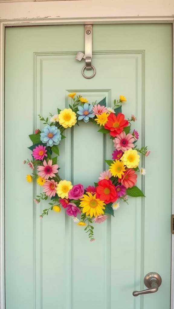 A colorful floral wreath made of various artificial flowers hanging on a mint green door.