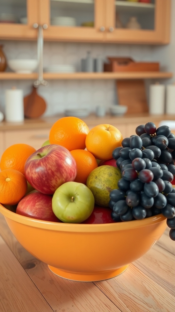 A colorful fruit bowl filled with apples, oranges, and grapes on a kitchen table.