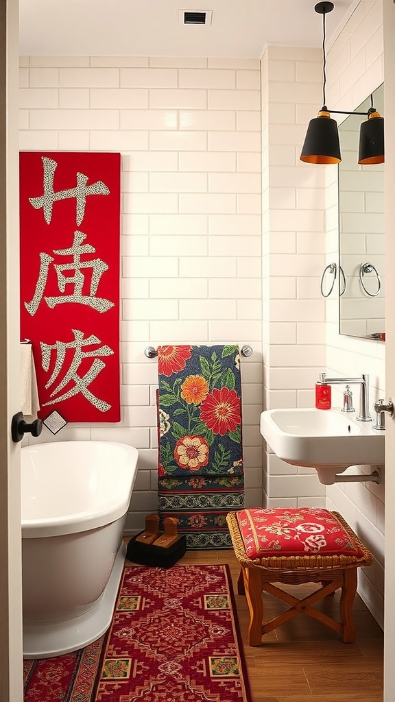 Colorful Japanese bathroom with futon textiles and floral patterns.