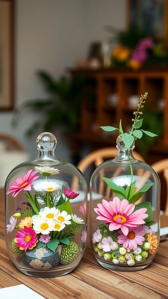 Two colorful glass terrariums filled with artificial flowers, displayed on a wooden table.