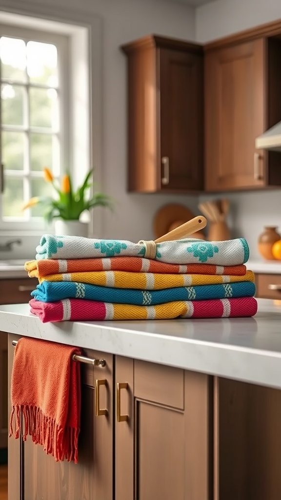 A stack of colorful kitchen towels on a kitchen island with a rolling pin.