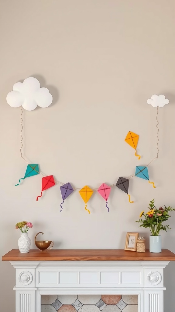 A colorful kite garland with clouds hanging decoratively over a mantle.