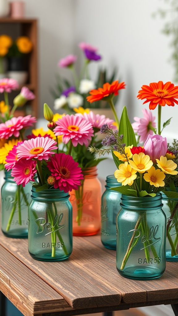 Colorful mason jar planters filled with flowers on a wooden table.