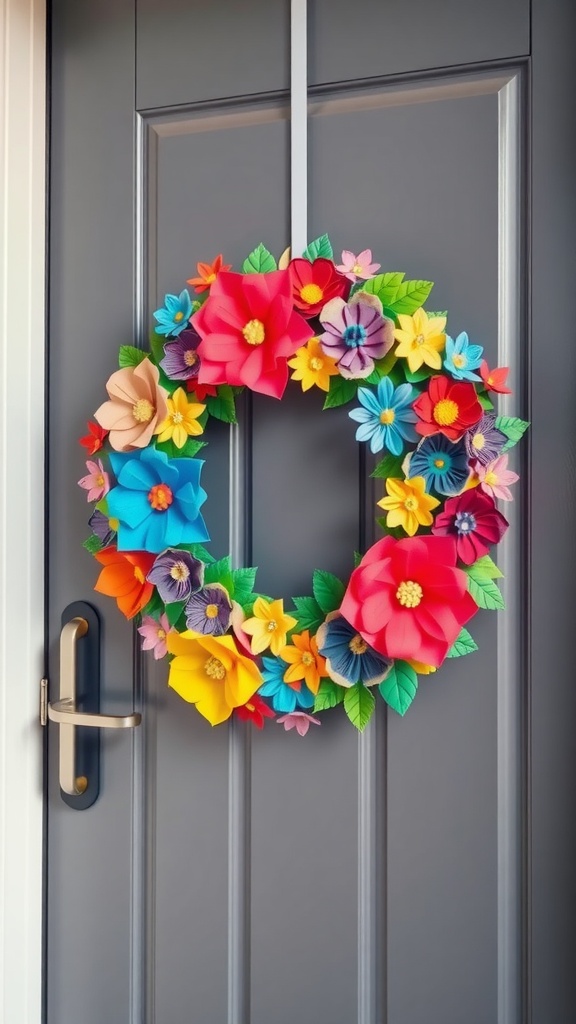 A vibrant paper flower wreath with various colorful flowers and green leaves, hanging on a gray front door.