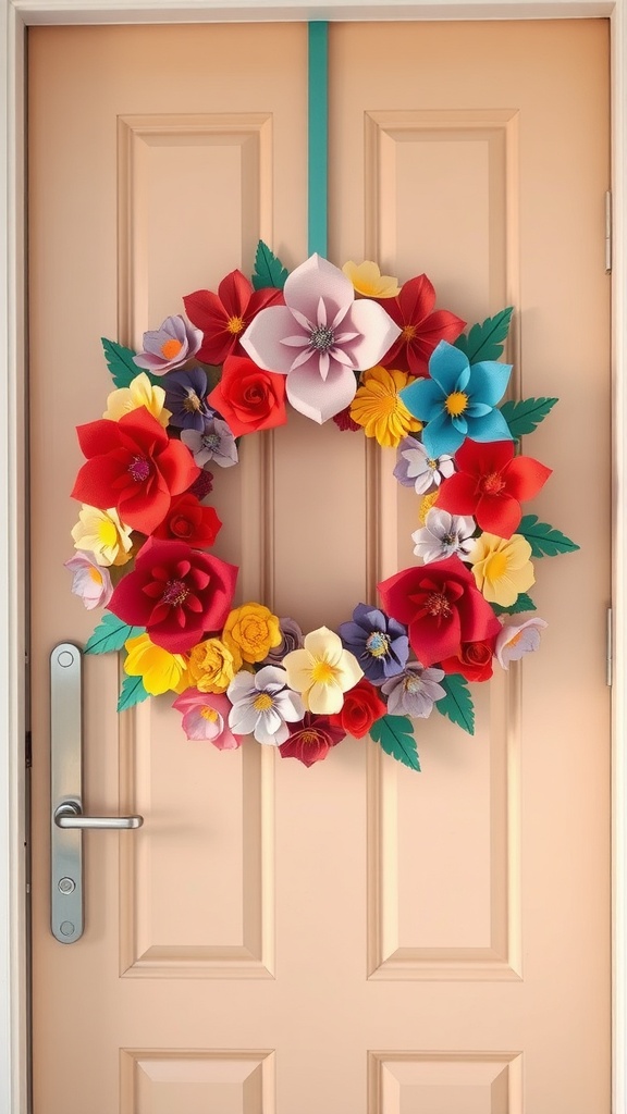 Colorful paper flower wreath hanging on a front door