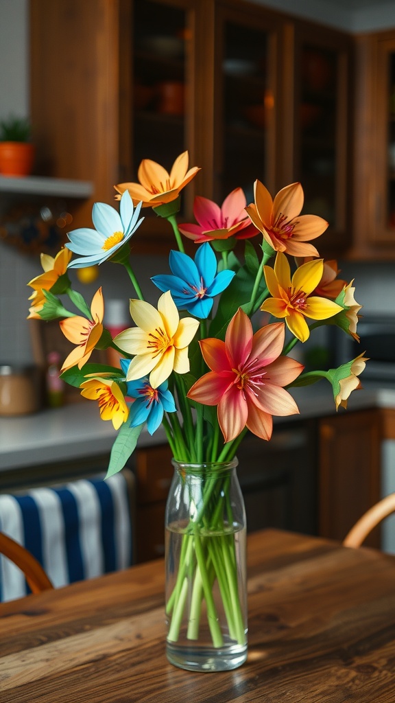 A vibrant arrangement of paper flowers in a glass vase on a kitchen table.