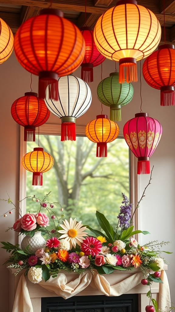 A collection of colorful paper lanterns hanging above a floral arrangement on a mantel.