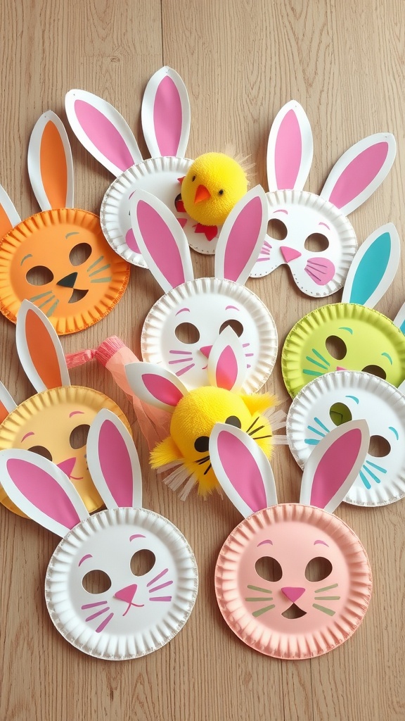 Colorful paper plate Easter masks including bunnies and chicks