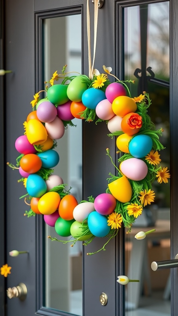 A colorful plastic egg wreath decorated with flowers hanging on a door