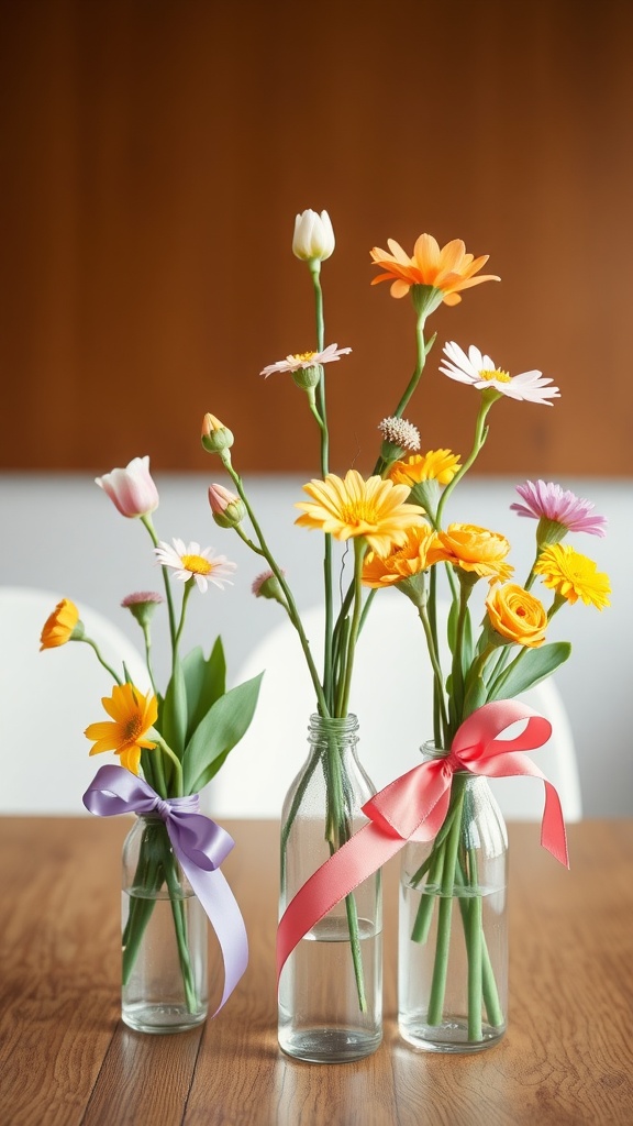 Three glass vases filled with colorful flowers, each decorated with ribbons.