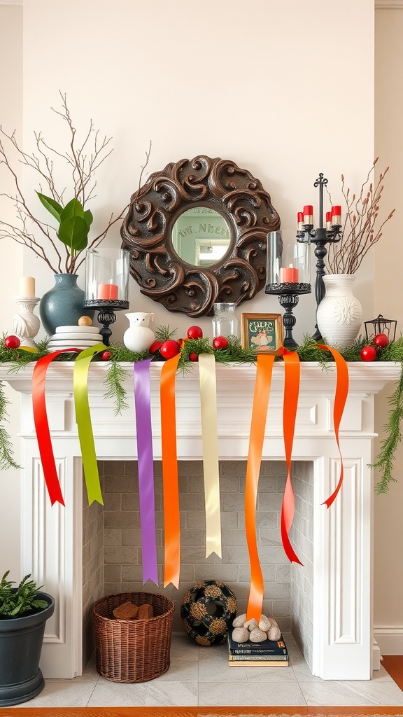 A colorful Easter mantel decorated with vibrant ribbons and candles.