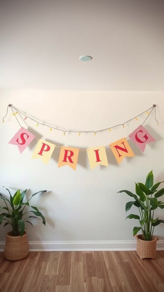 Colorful spring banner that says 'SPRING' with decorative lights and plants