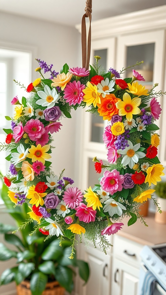 A colorful spring wreath made of various faux flowers, hanging in a bright kitchen