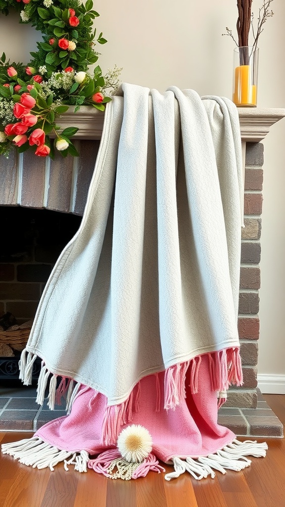 Two colorful throws, a light gray and a pink one, draped over a fireplace, with a floral wreath above.