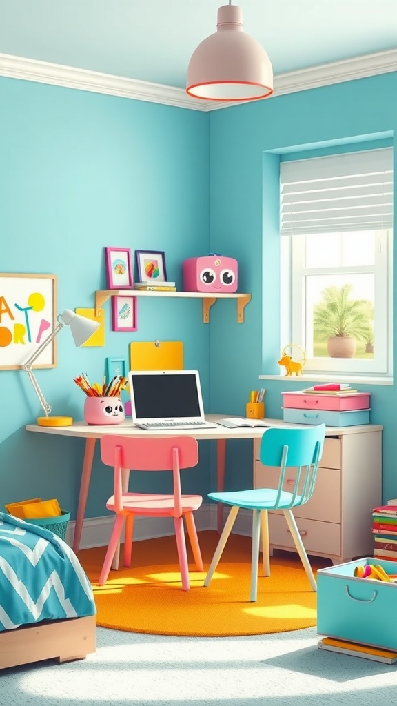 A bright and colorful study desk area with a turquoise wall, pink and blue chairs, and vibrant decor.